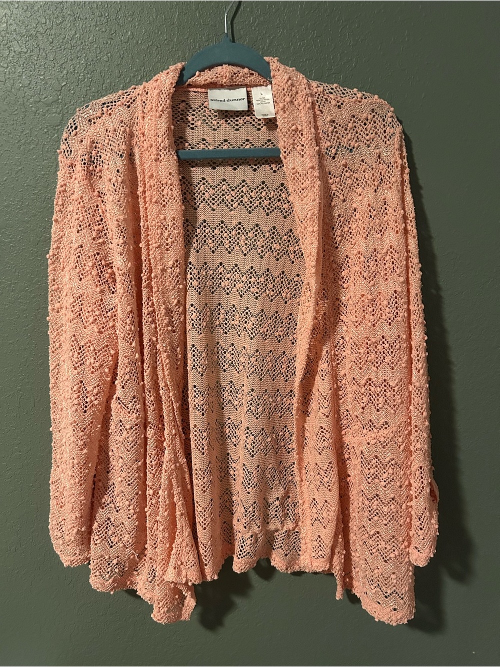 Alfred Dunner peach lace cardigan with pattern, size L. Polyester. #lace